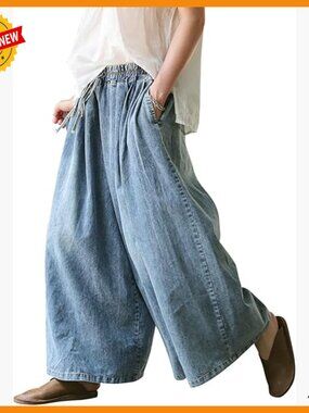 Plus Size Wide Leg Jeans Elastic Waist Deep Pockets Loose Fit Denim Pants